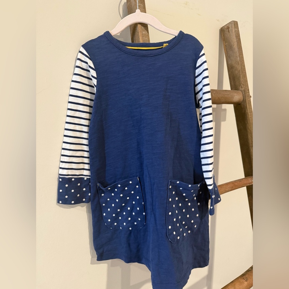 Mini Boden Navy Shirt with Striped Sleeves and Polka Dot Pockets